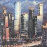 06487 - ​Художественная новогодняя корпоративная открытка с современной Москвой -  прекрасный, индустриально-урбанистический вид на Москоу-Сити, щедро украшенный елками в том же стиле.​ Формат, приближенный к А5, плотная дизайнерская бумага, тиснение верт